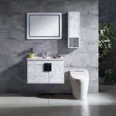 Foshan New Design Modern Stainless Steel Bathroom Cabinet  Vanity unit with LED light mirror and side cabinet