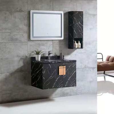 Foshan New Design Modern Stainless Steel Bathroom Cabinet  Vanity unit with LED light mirror and side cabinet