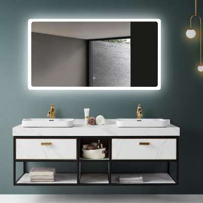 European Modern Double sinks Sintered Stone Bathroom Vanity sink cabinet set with LED mirror