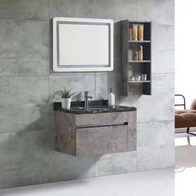 Foshan New Design Modern Stainless Steel Bathroom Cabinet  Vanity unit with LED light mirror and side cabinet