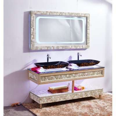 Foshan New Arrival Mosaic Double sink Bathroom Vanity Modern Bathroom Cabinet with LED light