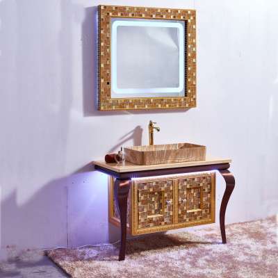 Foshan Best Price LED Light Mirror Sink Vanity unit Waterproof Luxury Mosaic stainless steel Bathroom Cabinet