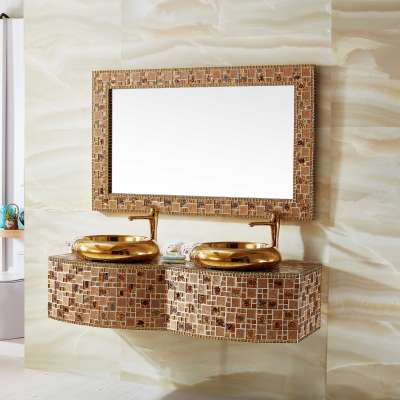 Foshan Luxury Fiberglass Mosaic Bathroom Cabinet Basin Vanity unit Mirror Cabinets with two sinks